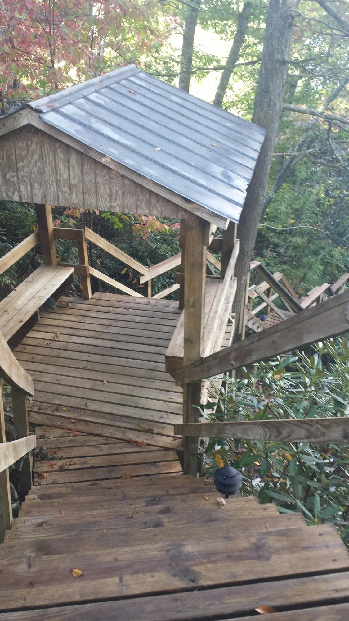 Metal roofed shelter over wooden steps on a wooded walkway — Skylight Repair & Installation work by our crew in Prichard